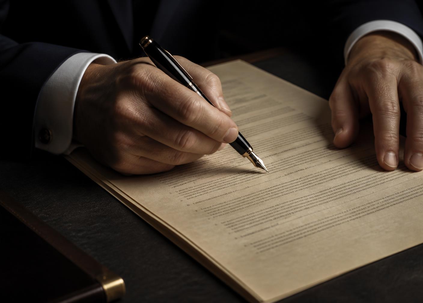 Confidential contract review with fountain pen on printed clauses